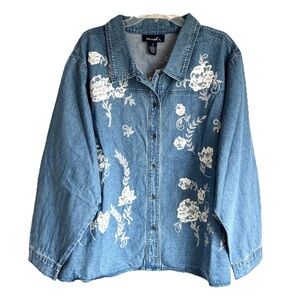 Denim & Co 100% Cotton Denim Blue Floral Embroidered Button-Up Shirt Jacket 3X